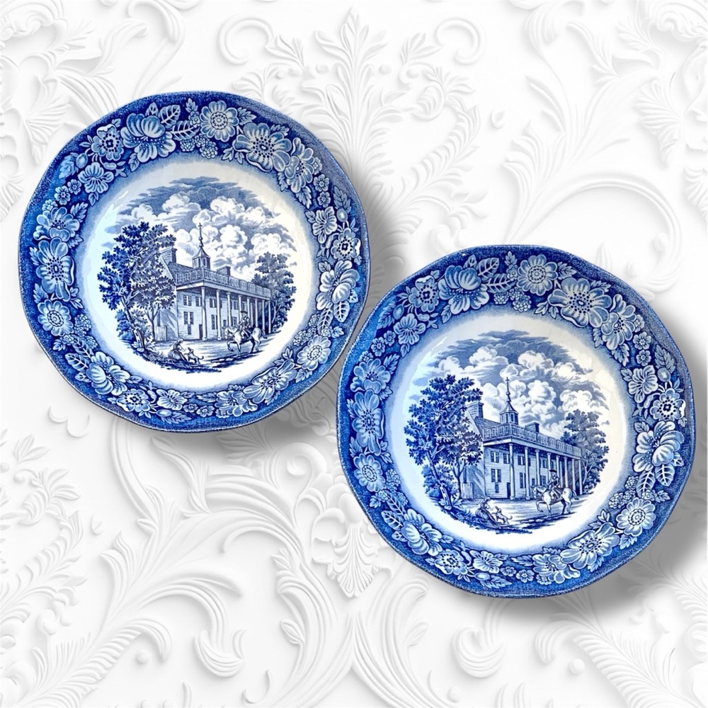 Liberty Blue Historic Colonial Scenes Mount Vernon Floral Cereal Bowls, Set of 2